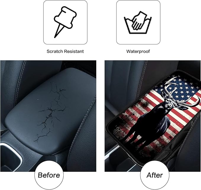 JANENFNA Car Armrest Cover Pads Universal Fashion Cute Auto Center Console Armrest Cover Pad with 2PCS Car Coasters Soft Waterproof Car Armrest Seat Protector for Women,Patriotic Deer Design