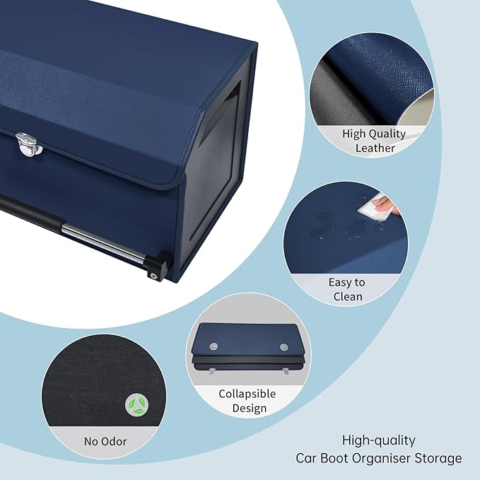 XCF Car Trunk Organizer, Collapsible Car Storage Organizer with Lid and Push-pull Handle Leather Trunk Organizer for Suv, Truck, Minivan (Blue, 27.17 x 11.42 x 12.2in)