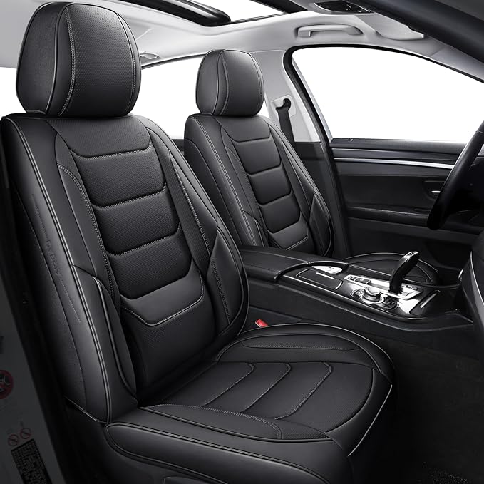 hoozoom Leather Car Seat Covers Waterproof Front Seat Covers Breathable Seat Protectors Universal Fit for Most Automotive Cars SUV Van Trucks (Black,Front Pair)