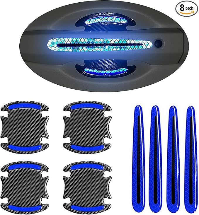 Car Door Handle Protector Reflective Sticker Universal Auto Carbon Fiber Door Handle Anti Scratch Cover Guard 8PCS Blue