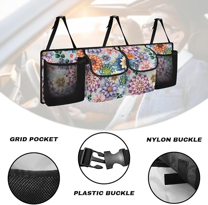 CLOHOMIN Boho Flowers Car Trunk Organizer for Sedan Organizers and Storage with 4 Pockets Hanging Back Seat Organizer Car Storage Accessories Interior