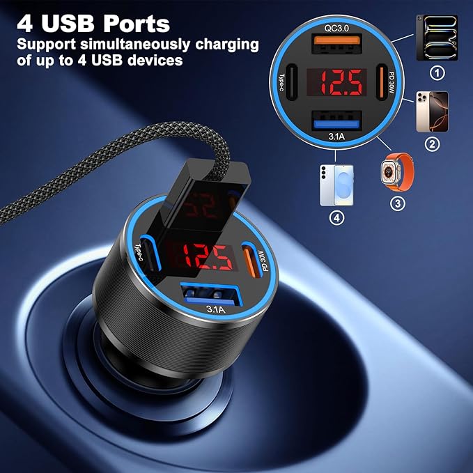 USB C Car Charger, 65W Fast Charging Cigarette Lighter 4-Ports PD 30W USB Car Phone Charger with Volt Meter, 2 x USB-C Cables for iPhone 16 15 14 13, Samsung Galaxy S25 S24 S23 S22, iPad & Tablets
