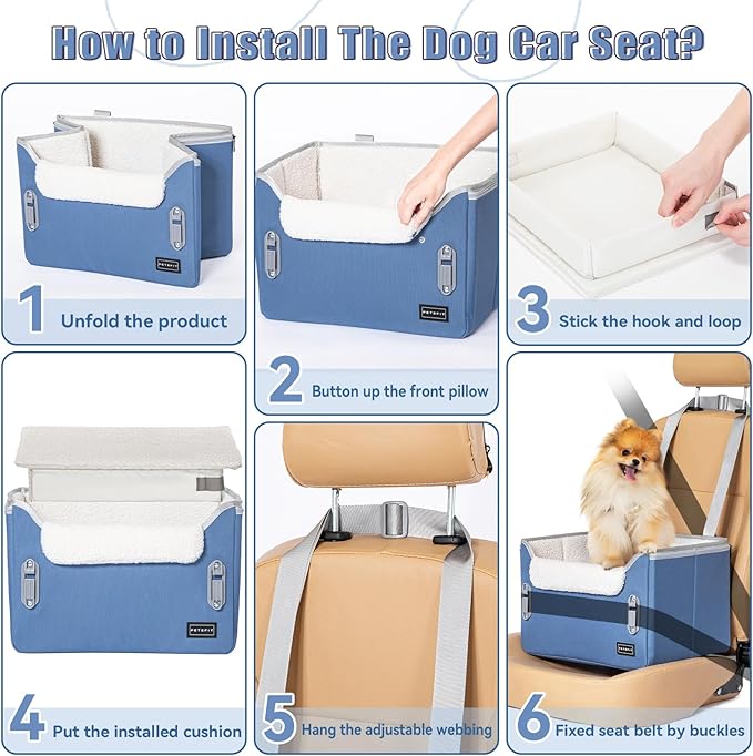PETSFIT Dog Car Seats for Small Dogs–Patented Safety Buckles–Safety Tether–Foldable Travel Dog Booster Car Seat Reduces Anxiety & Road Trips–Stable Frame, Soft Cushion, Fits Front/Back Seat(Navy Blue)