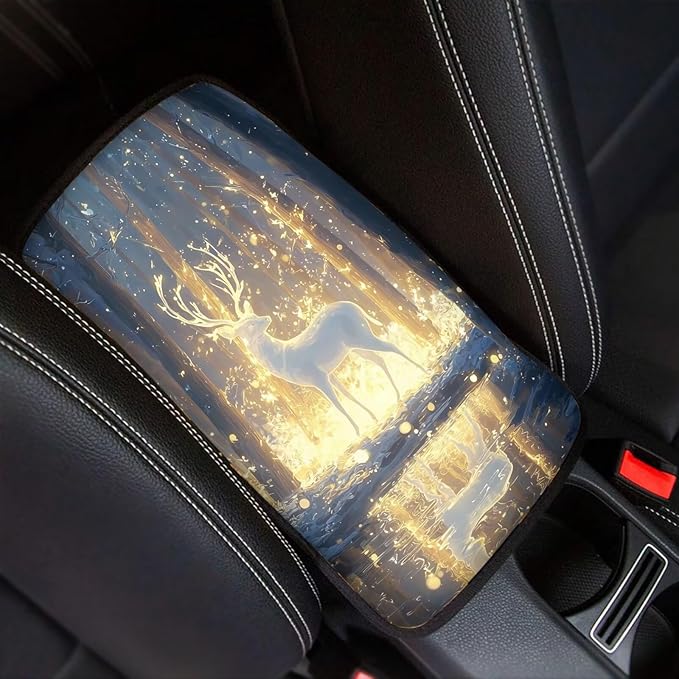 Deer Forest Print Car Center Console Cushion Pad Dust-Proof Universal Armrest Cover Decorative Car Interior Accessories for Truck Sedan SUV