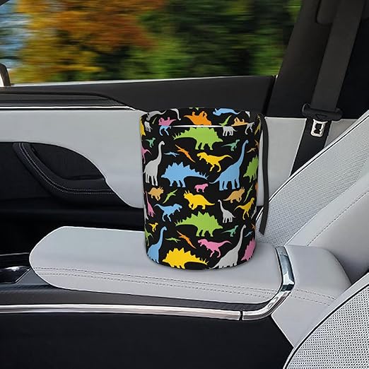 KXWQTRDD Car Garbage Bag Colorful Dinosaurs Mini Car Trash Bin Portable Collapsible Waterproof Rubbish Bag for Car Accessories Back Front Seat Cup Holder