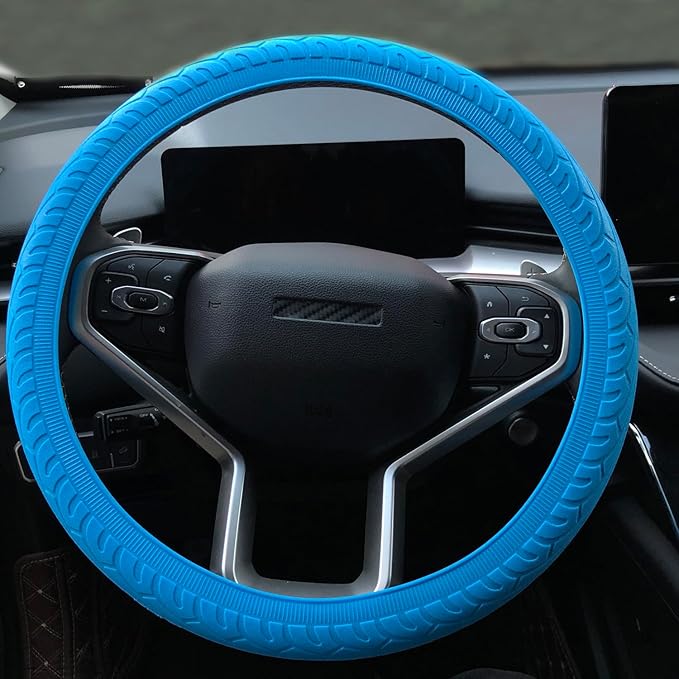 Universal Blue Steering Wheel Cover：13.5 to 15 Inches Stretchable Silicone Anti Skid Steering Wheel Protector Fit for Most Car Models Including Round D Shape or Special Shape
