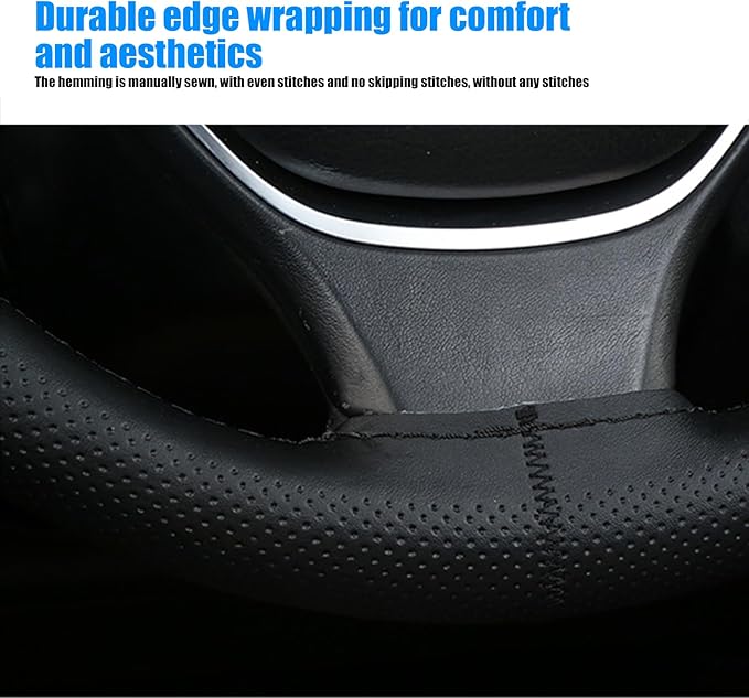 Pack-1 Leather Steering Wheel Cover, Universal Non-Slip Stitch On Wrap, DIY Car Wheel Cover Protector with Needle and Thread for Most Cars SUVs and Trucks (Black #4)