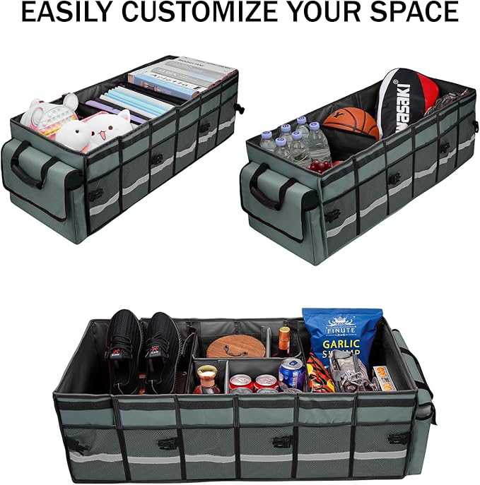 GDNasist Car Trunk Organizer and Storage with Removable Leakproof Cooler Bag, 6 Removable Dividers for Custom Space, Collapsible Trunk Storage with Non Slip Bottom, Foldable Cover for SUV, Jeep, MPVs