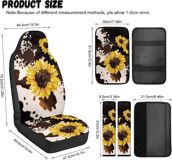 Psesaysky Universal 5PCS Car Seat Covers Set, Brown Cow Sunflower 2 Front Leather Seat Protectors, 1 Armrest Cover, 2 Padded Seat Belt Covers for Sedan SUV Truck Van