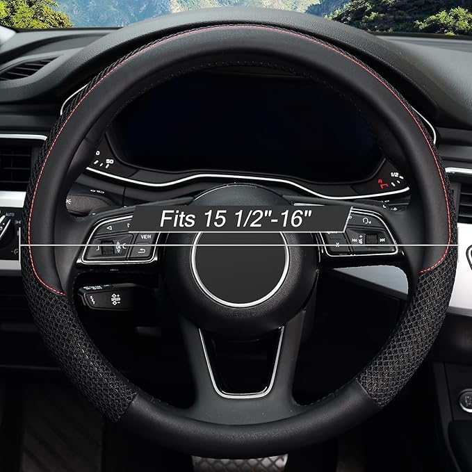 KAFEEK 16 inch Steering Wheel Cover, Black Microfiber Leather Viscose, Breathable, Compatible for F150 F250 F350 Ram 4Runner Tacoma Tundra Range Rover