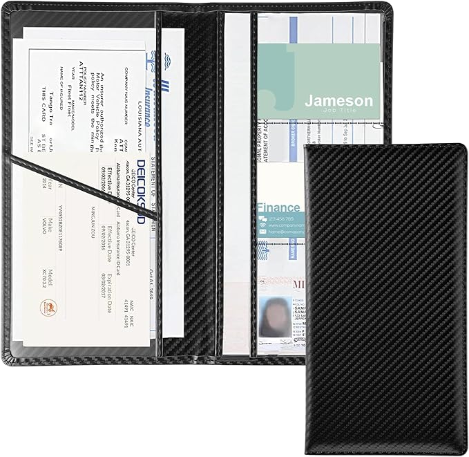 JUSTTOP 1Pack Car Registration and Insurance Holder,Car Document Holder for Cards License with Magnetic Shut,Vehicle Glove Box Car Organizer for Documents, Cards, License(Carbon Fiber Black)