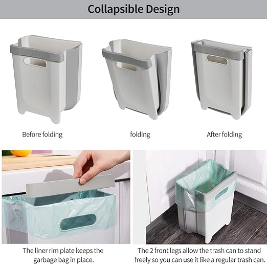Hanging Collapsible Trash Can - 9L Wall Mounted Foldable Waste Bin for Kitchen Cabinet Door - Quickly Clean Counter, Sink, Bathroom - RV, Car, Camping Folding Garbage Basket (White)