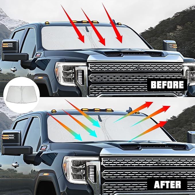 ROCCS Foldable Windshield Sun Shade fit for GMC Sierra 1500 2500 HD 3500 HD 2014-2018, Front Window GMC Sierra Sunshade Sun Visor Cover Blocks UV Rays Keep Your Car Cooler