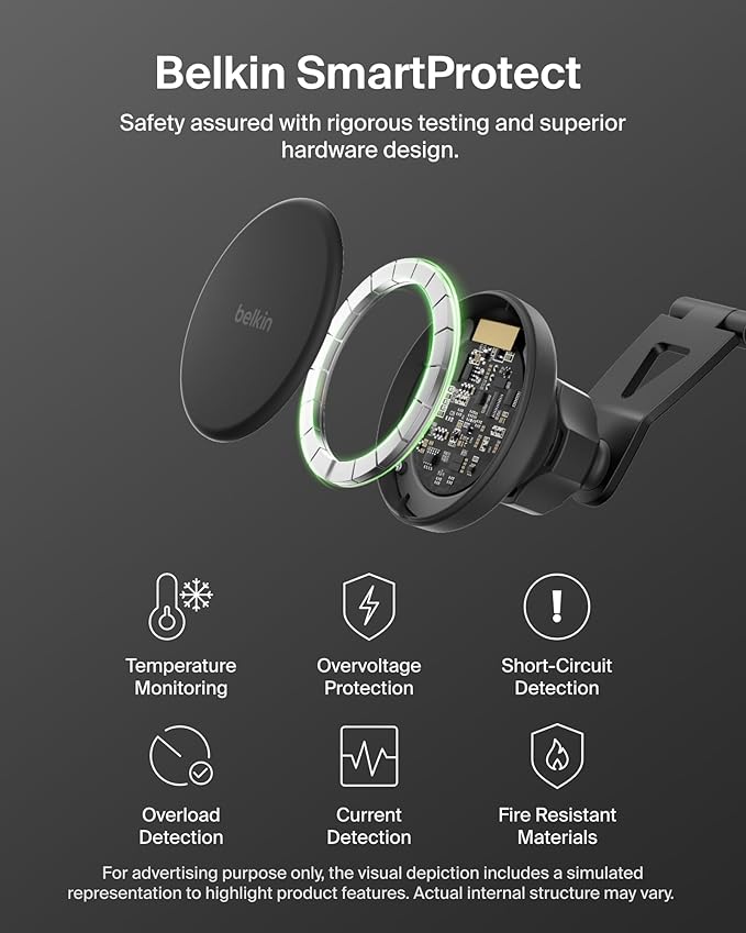 Belkin Wireless Car Charger, Magnetic Wireless Phone Mount for EV w/ 1M USB C Cable, Qi2 MagSafe Compatible Fast Charging for iPhone 17, Galaxy S25, Pixel 10, & More - Travel Accessories - Black
