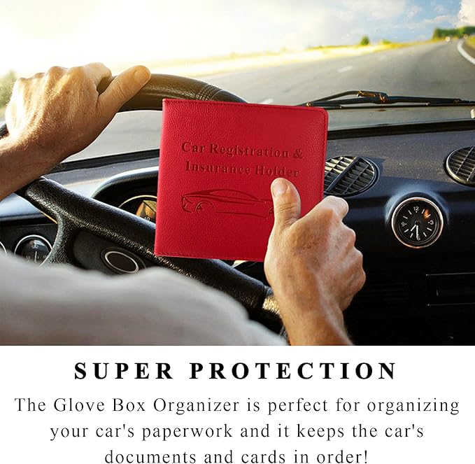 Car Registration and Insurance Holder, 5.51" × 5.11" Premium Leather Vehicle Glove Box Organizer with Magnetic Closure, Auto Document Holder for Cards Paperwork and Drive License (Red-B)