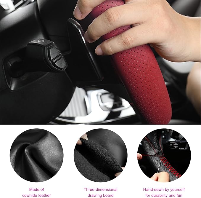 Ziciner Genuine Leather Steering Wheel Cover, Stitch on Wrap, Breathable Anti-Slip Car Steering Wheel Protector for Max Diameter 15 Inch, DIY Sewing with Needles Thread (Wine Red, Middle Hole)