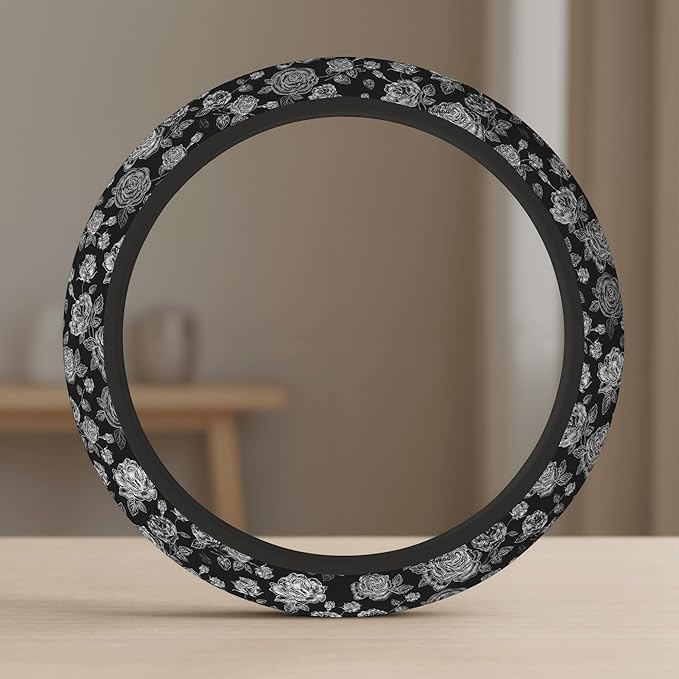 Cute Steering Wheel Cover for Women, Machine Washable Universal 14.5-15.5 inch Non-Slip Grip All Weather Use (Black White Rose)