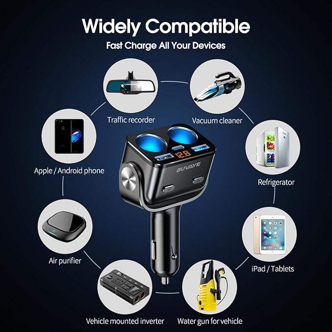 5 in 1 Car Cigarette Lighter Splitter, BUVAYE Dual QC3.0 and 30W PD USB C Cigarette Lighter Adapters for Cars 12V/24V 180-degree Adjustable Car Charger Adapter for iPhone/iPad/GPS/Dash Cam/Laptop