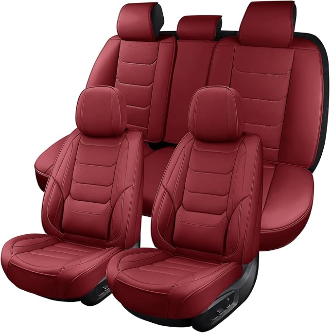 hoozoom Leather Car Seat Covers Full Set Breathable Automotive Seat Covers Waterproof Seat Protectors Universal Fit for Most Automotive Cars SUV Trucks(Red, Full Set)