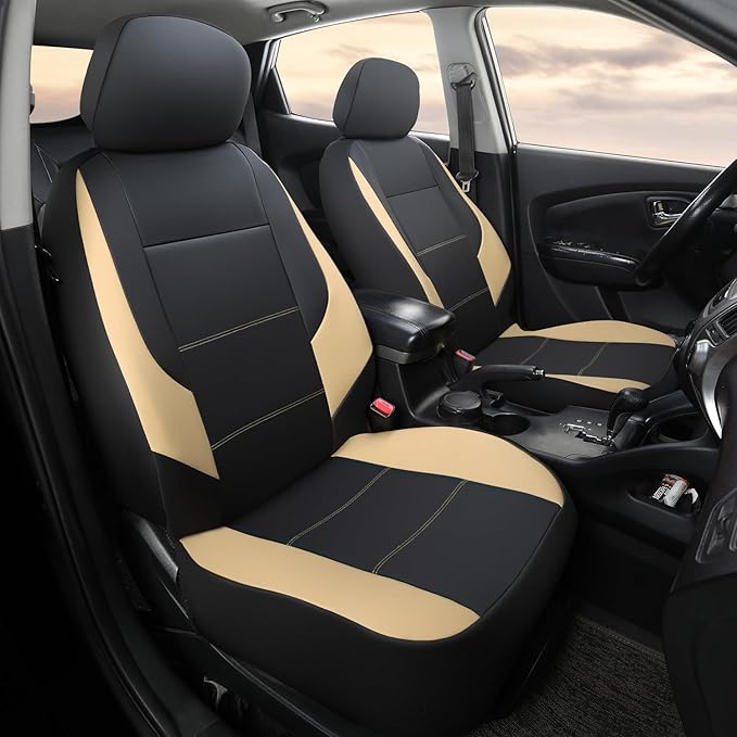 GIANT PANDA Front Car Seat Cover for Hyundai, Leather Bucket Seat Covers Custom Fit Hyundai Sonata Elantra Santa Fe Tucson Accent Kona Palisade Genesis Venue Ioniq(Beige+Black) 2-Pack