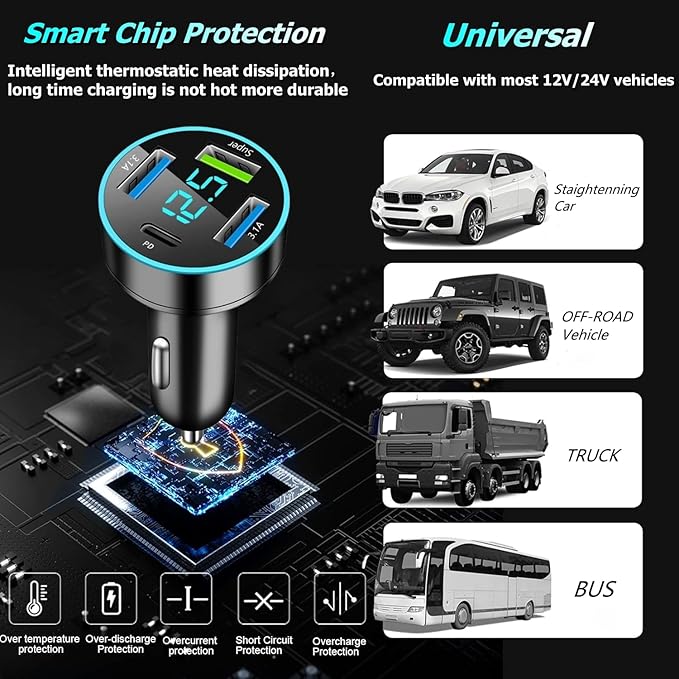88W Car Charger Super Fast Charging Cigarette Lighter USB Phone Accessories Charger Voltmeter Adapter with QC USB c Type c PD Universal Quick Charge Multi 4 Port for 12-24v Car Cigarette Lighter Plug