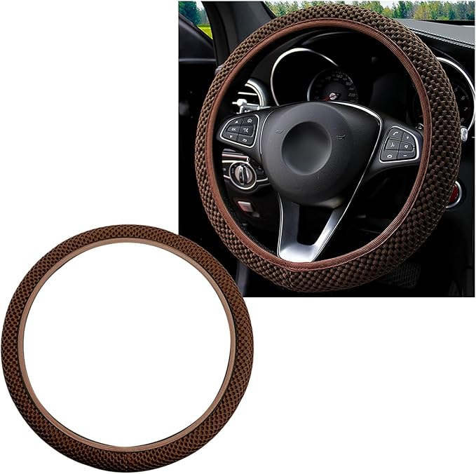 Elastic Steering Wheel Cover, 15"×15" Comfy Breathable Stretch Steering Wheel Protector, Ice-Silk Cloth Polyester Steering Wheel Cover for Men Women, Car Accessories (Brown)