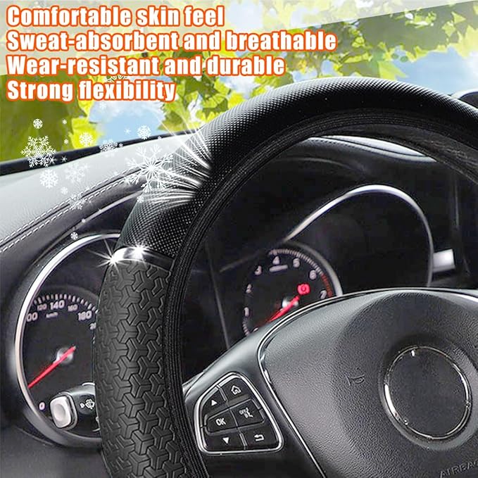Car Steering Wheel Cover, PU Leather Elastic Vehicle Steering Wheel Protector, 14.5-15 Inches Non Slip Automotive Interior Steering Wheel Accessories, Universal Fit (Black)