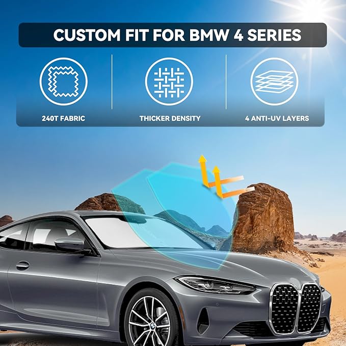 for BMW 4 Series 2021-2025 430i 440i i4 m4 330i Windshield Sun Shade - 4 Layers for Front Windows Shade Cover Custom Fit 4 Series Sun Visor 240T Retractable Shade Blocks UV Rays Car Accessories