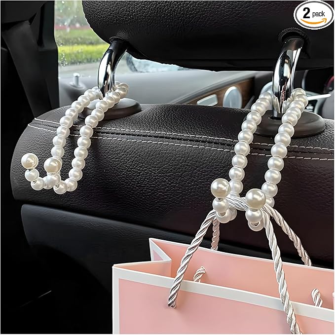 2PCS Elegant Pearl Car Seat Headrest Hook, Cute Vehicle Back Seat Hanger Purse Hook, Auto Interior Decor Strong Load-Bearing Headrest Hanger for Handbag Keys Grocery Bags