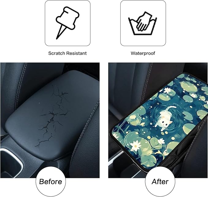 JANENFNA Car Armrest Cover Pads Universal Fashion Cute Auto Center Console Armrest Cover Pad with 2PCS Car Coasters Soft Waterproof Car Armrest Seat Protector for Women,White Cat in Water
