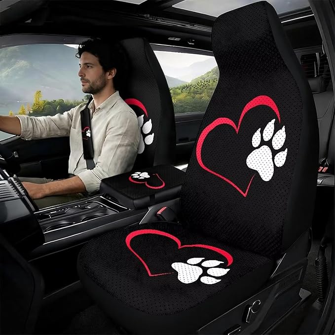 Psesaysky Love Heart Paw Full Set Car Interior Accessories Breathable Leather Front Seats Protectors, Auto Seat Belt Cover and Armrest Pad Cover,5 Pieces