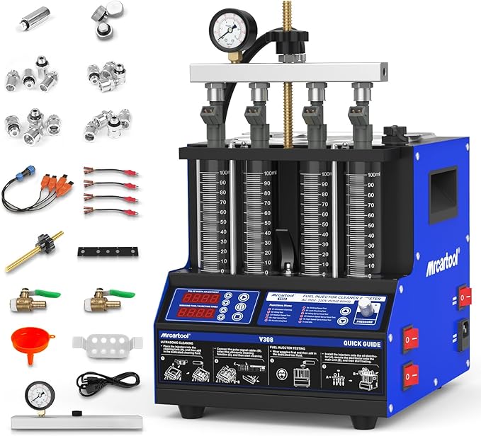 MR CARTOOL V308 Injector Cleaner Machine 4-Cylinder, 110V Injector Cleaner Tester Machine Heated Ultrasonic Fuel System Injection Cleaning Kit for Diesel Gasoline Car Motorcycle