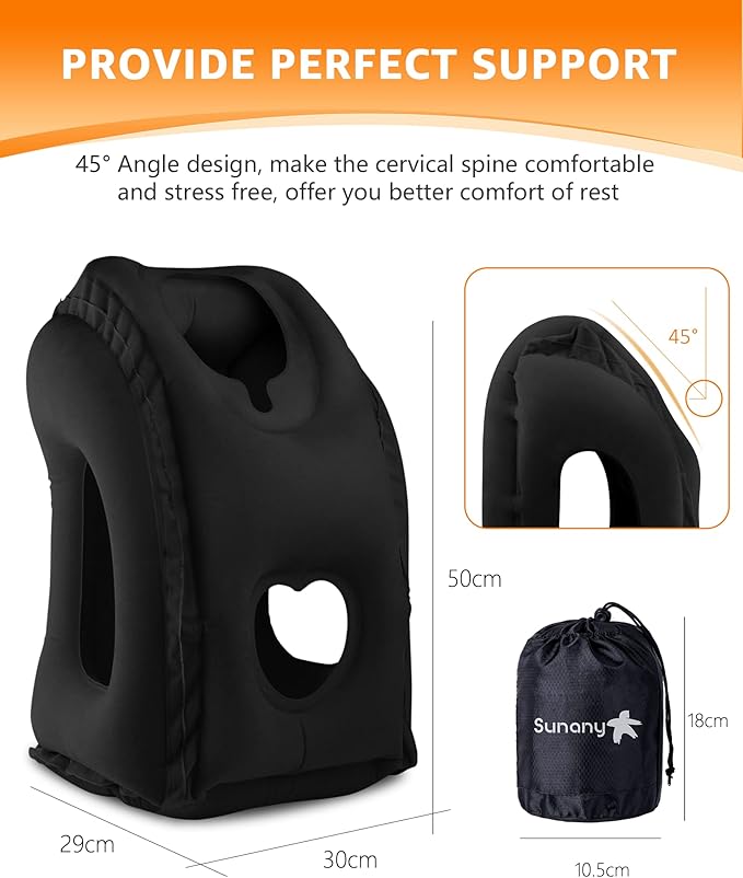 Sunany Travel Pillow, Inflatable Neck Pillow Used for Airplanes/Cars/Buses/Trains/Office Napping with Eye Mask/Earplugs (Balck)