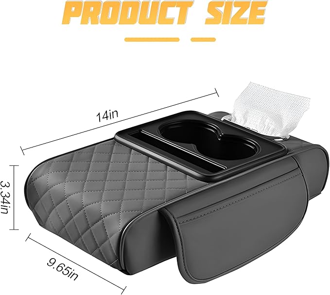 Car Center Console Armrest Pillow, Memory Foam Leather 4 in 1 Vehicle Arm Rest Cover with Tissue Box 2 Side Storage Bag Cup & Phone Holder, Auto Armrest Cushion, Universal Fit (Gray)