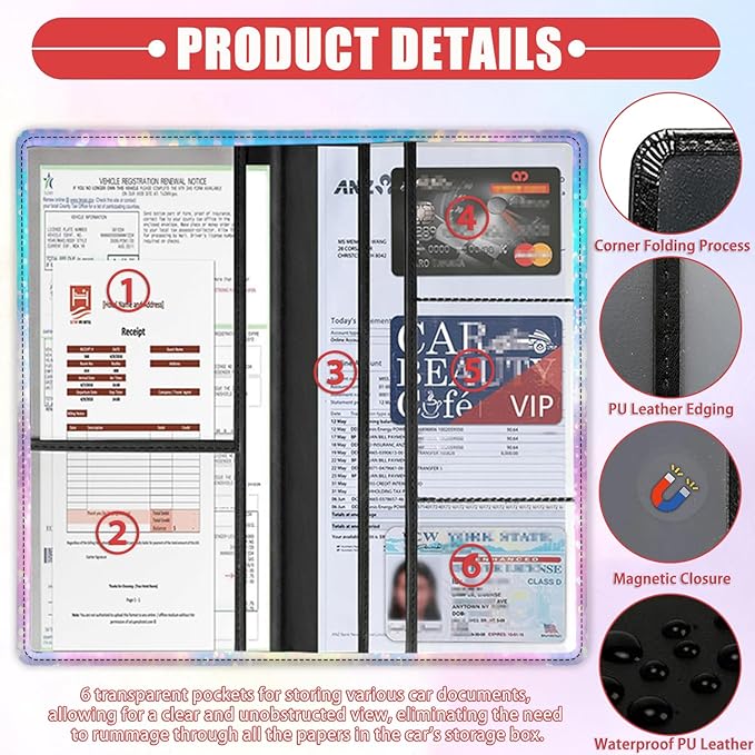 Car Registration Holder, Waterproof PU Leather Vehicle Card Document Glove Box Organizer, Women Interior Auto Accessories Case for Cards, Driver License Car Insurance Holder, Colorful Glitter Pattern