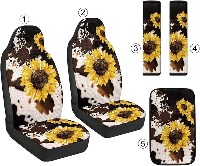 Psesaysky Universal 5PCS Car Seat Covers Set, Brown Cow Sunflower 2 Front Leather Seat Protectors, 1 Armrest Cover, 2 Padded Seat Belt Covers for Sedan SUV Truck Van