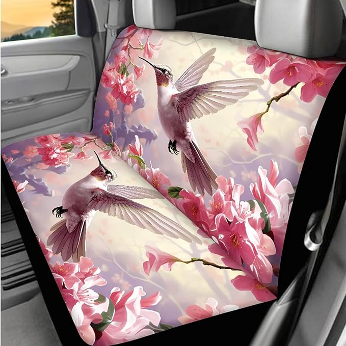 Dngkaoje 13 Pieces Hummingbird Car Seat Covers Full Set for Women Auto Interior Accessories Set for Front Rear,Pink Hummingbird Collapsible Garbage Bin,Armrest Pad Cover,Handbrake Shift Covers