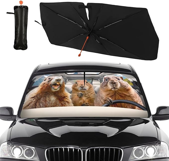 DOPINDU Funny Groundhog Car Windshield Sun Shade Umbrella Bendable Handle Foldable Animal Print Sunshade for Car Windshield Block UV Rays Keep Vehicle Cool for Most Sedans SUV Trucks Cars 57"x30"
