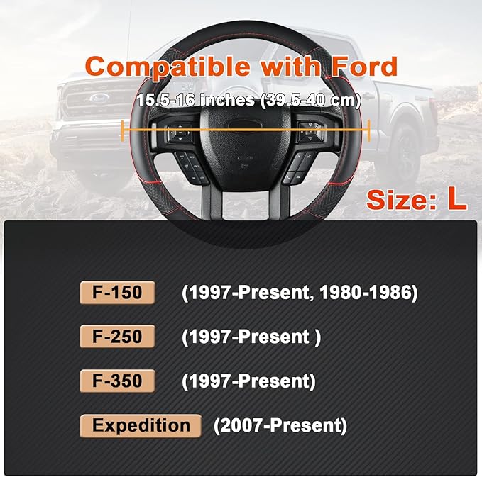 GIANT PANDA Steering Wheel Cover for Ford F150 F250 F350 Expedition - Black+Red Trim