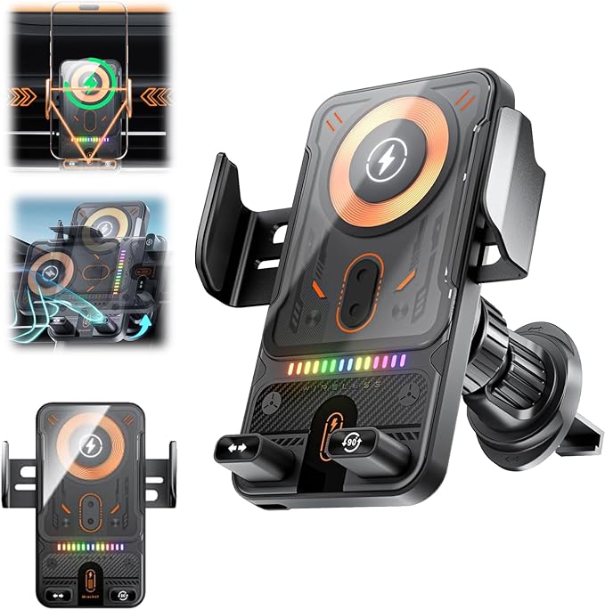 2026 New Cool Car Wireless Fast Charging Holder, Wireless Charging Rotating Car Mount,15w Universal, 360° Rotation, Smart Sensor Open, Switch Between Horizontal Vertical (Black)