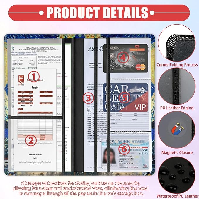 Car Registration and Insurance Card Holder for Women Men, Waterproof PU Leather Glove Box Car Organizer with Magnetic Shut, Vehicle Document Holder for Driver License,Cards, Night Cat Pattern