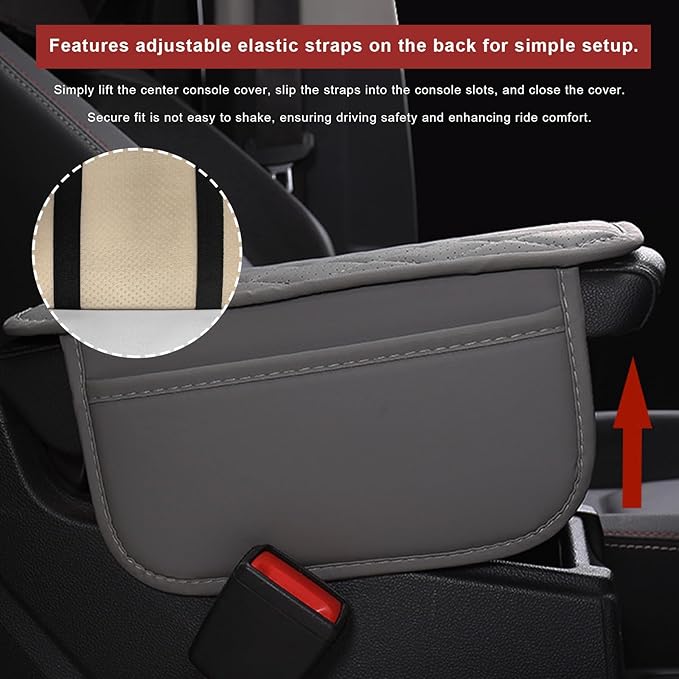 Car Center Console Cover, Leather Auto Armrest Cushion Pad with Two Storage Pockets, Waterproof Arm Rest Box Mat Protective Cover for Sedan SUV Truck, Car Accessories (Black)
