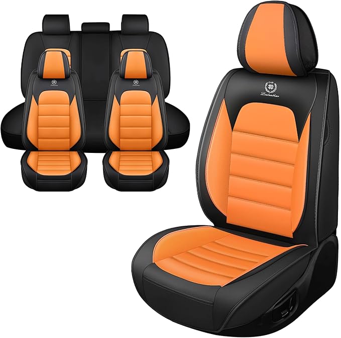 Iceleather Car Seat Covers for Ford Edge 2007-2025,Waterproof Soft Breathable PU Leather Seat Cover with Storage Pockets(Black&Orange,Full Set)