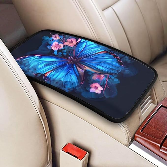Car Center Console Armrest Cover Blue Butterfly Armrest Pads Fit for Most Cars Sedans Vans Truck Vehicles, SUVs Animal Pink Floral Auto Armrests Cushion