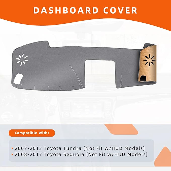 KEYOOG Dashboard Cover Dash Mat Fit for to-yota 2013-2007 Tundra,2017-2008 Sequoia (Without HUD Models),Car Dash Board Mat Anti-Glare Carpet,Non-Slip Pad Sunshield Protector (Grey)