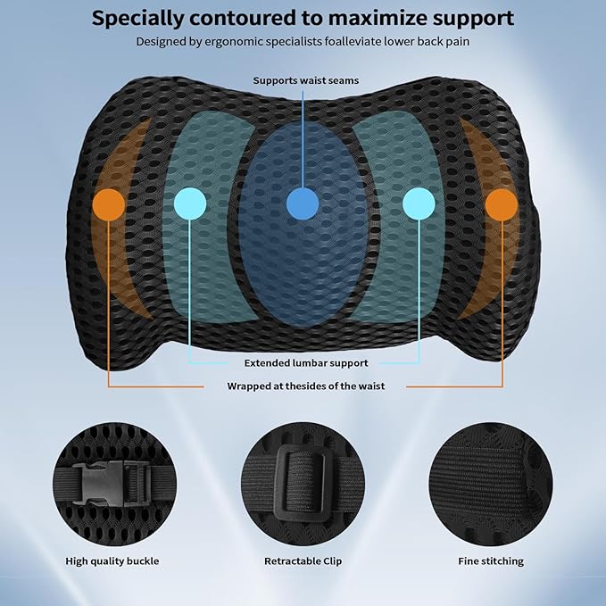 sproerden Lumbar Support Pillow with Adjustable Straps for Lower Back Pain Relief. Memory Foam Lumbar Support Pillow for Car, Bed, Office Chair, Gaming Chair, Recliner, Improves Posture Black