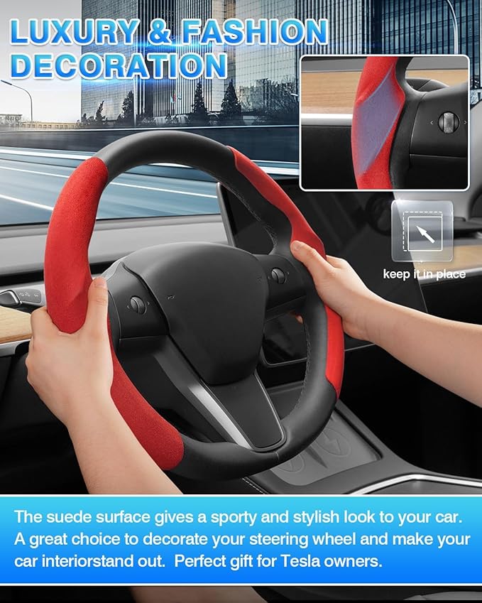 Shademax Custom-Fit for Tesla Steering Wheel Cover, Tesla Model Y/3 2017-2025 2026 (Fit Model Y Juniper 2026/ Model 3 Highland) Suede Steering Wheel Cover Non-Slip,Tesla Model Y/3 Accessories (Red)