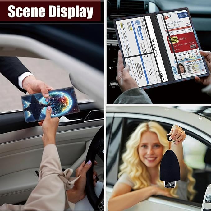 Car Document Holder with Magnetic Shut, Car Registration and Insurance Card Holder, Vehicle Glove Box Organizer Documents, Driver License, Auto Paperwork Organizer Wallet, Colorful Cosmic Tree Pattern