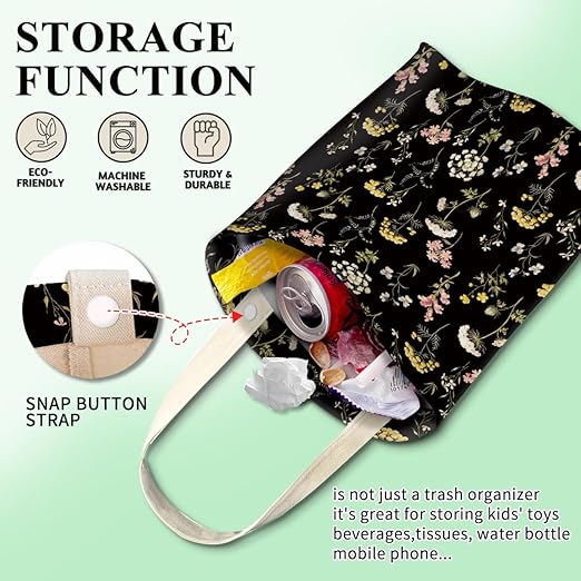 ABUIFDK Car Trash Can, Cute Car Trash Bag, Hanging Car Organizer and Storage Bag, Trash Bin for Car Accessories, Vehicle, Travelling, Camping Cute Black Flowers