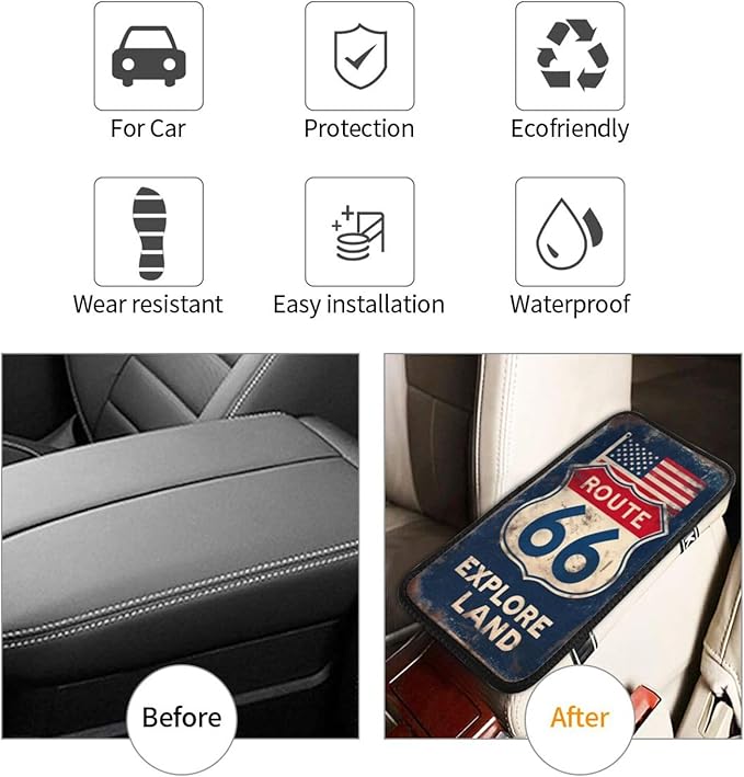 Vintage Car Route 66 Center Console Cover Pad, Car Armrest Seat Box Cover Cushion Universal for Most Vehicle SUV Truck, Car Interior Accessories Decor, Protect from Pet Claws & Dirt